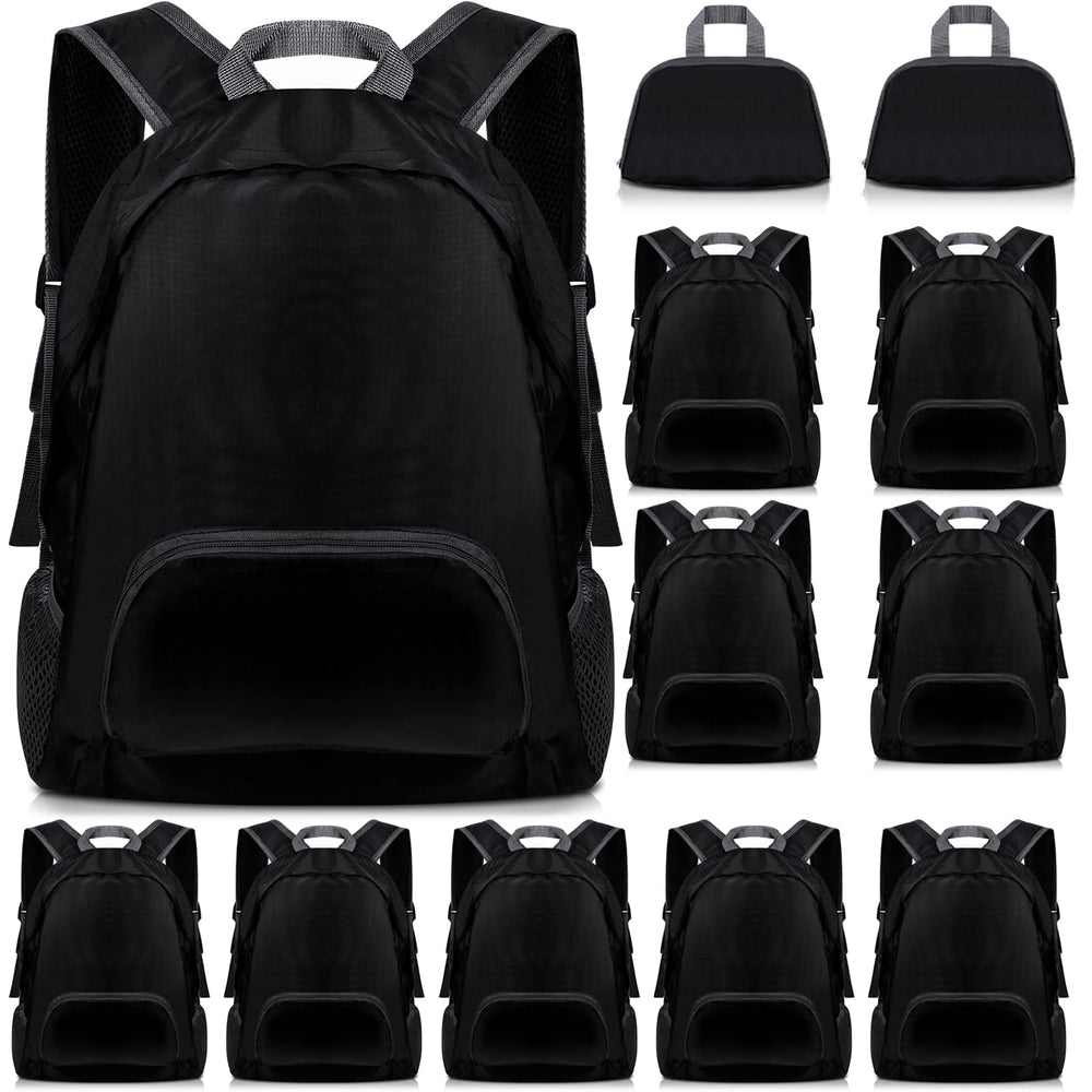 Dunzy front view of 12 black backpacks showing quantity and uniform look