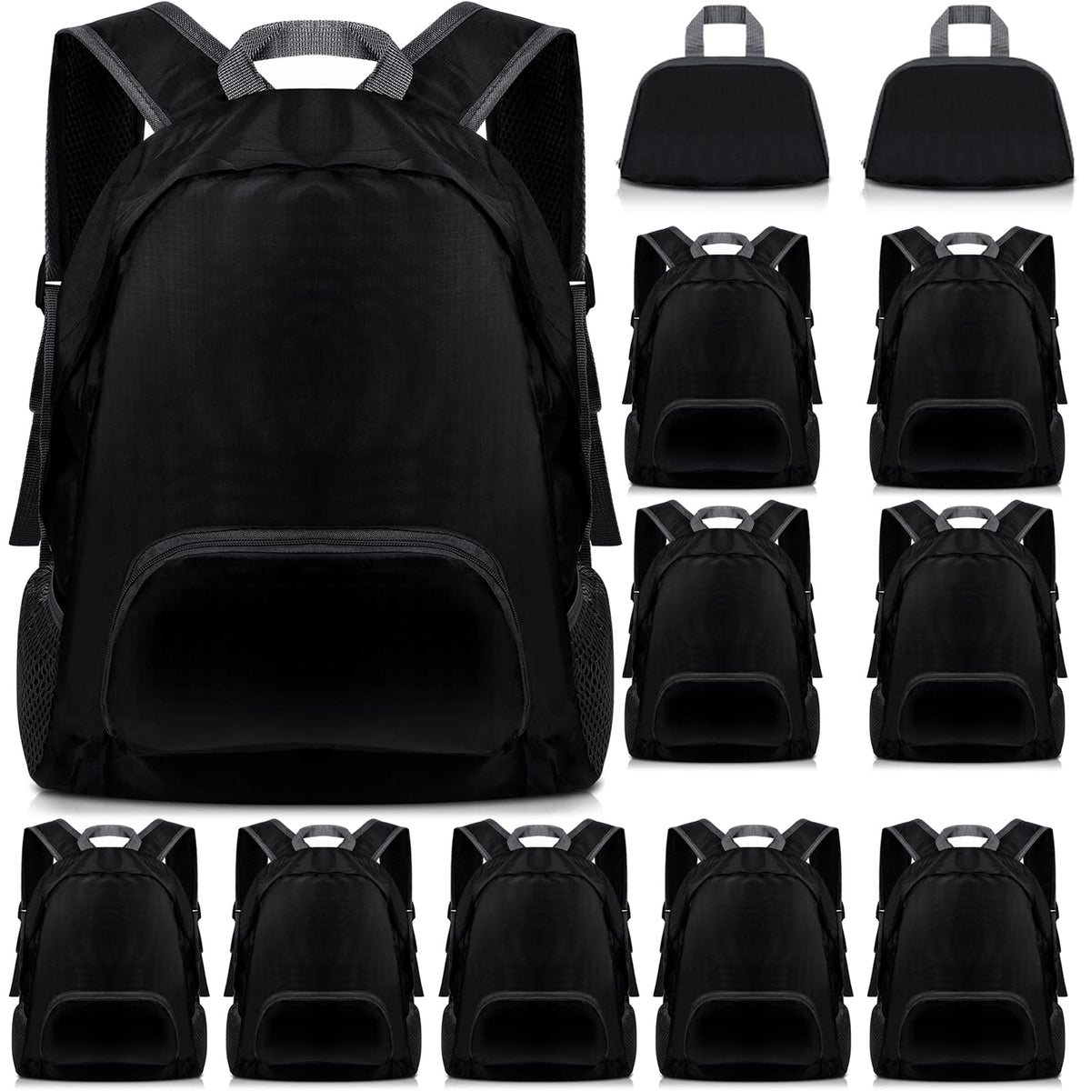 Dunzy front view of 12 black backpacks showing quantity and uniform look