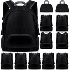 Dunzy front view of 12 black backpacks showing quantity and uniform look