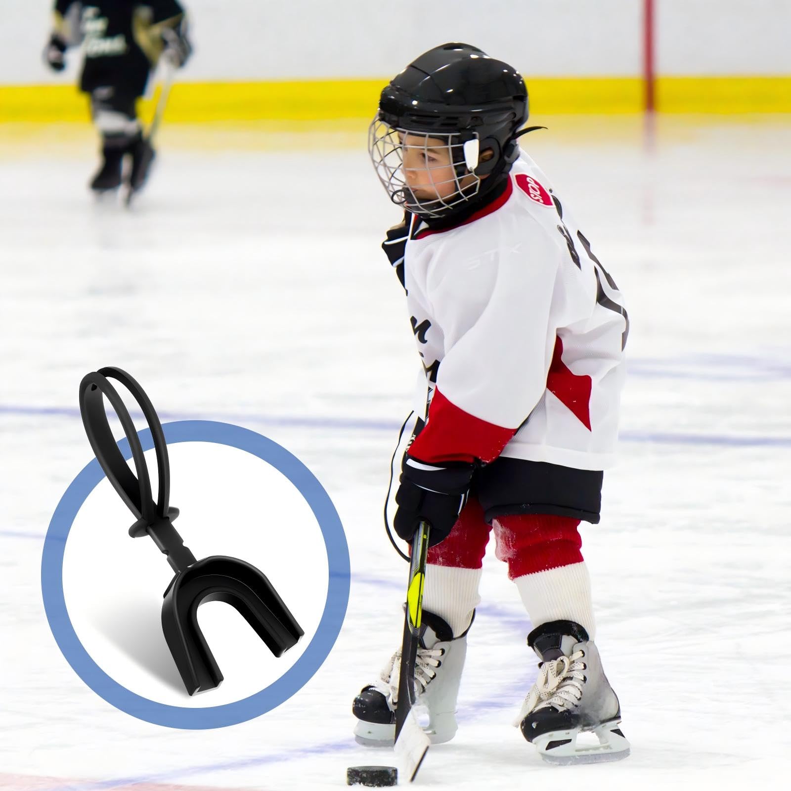 Dunzy mouth guard attached to youth helmet showing easy access