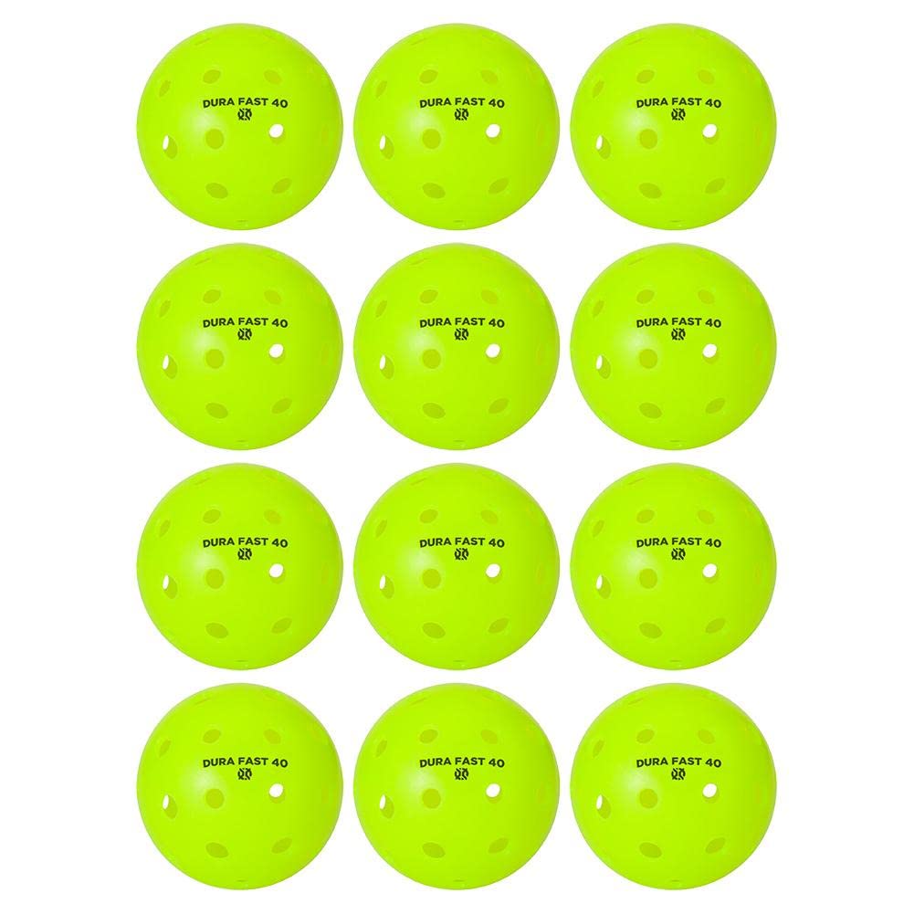 DURA FAST 40 front view of dozen pack showing neon balls and tournament branding benefits durability