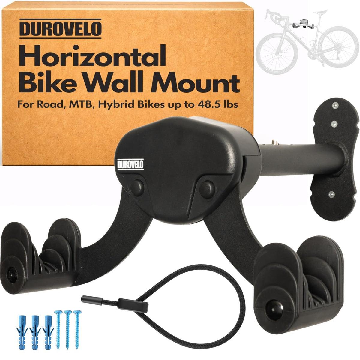 DUROVELO front view showing mounted bike and space savings benefit