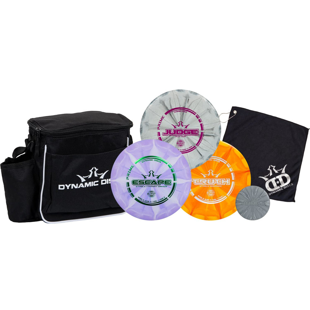 Dynamic Discs front pack showing all three discs and cadet bag for instant play