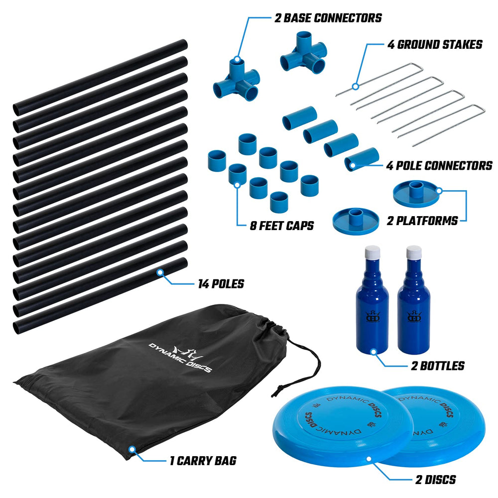 D·D DYNAMIC DISCS assembled poles upright with bottle on top illustrating sturdy play support
