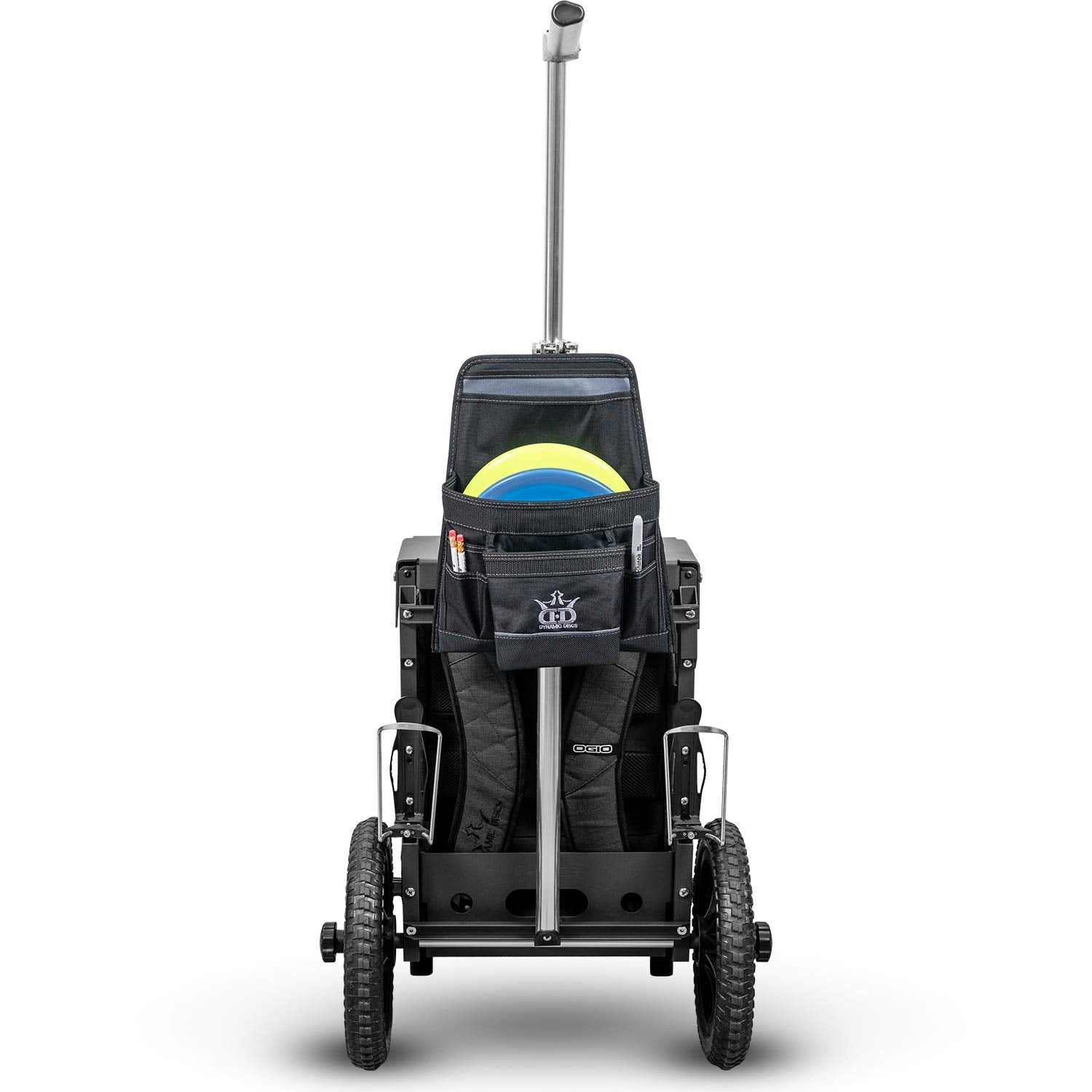 Dynamic Discs pouch attached to ZÜCA cart handle showing accessibility benefit