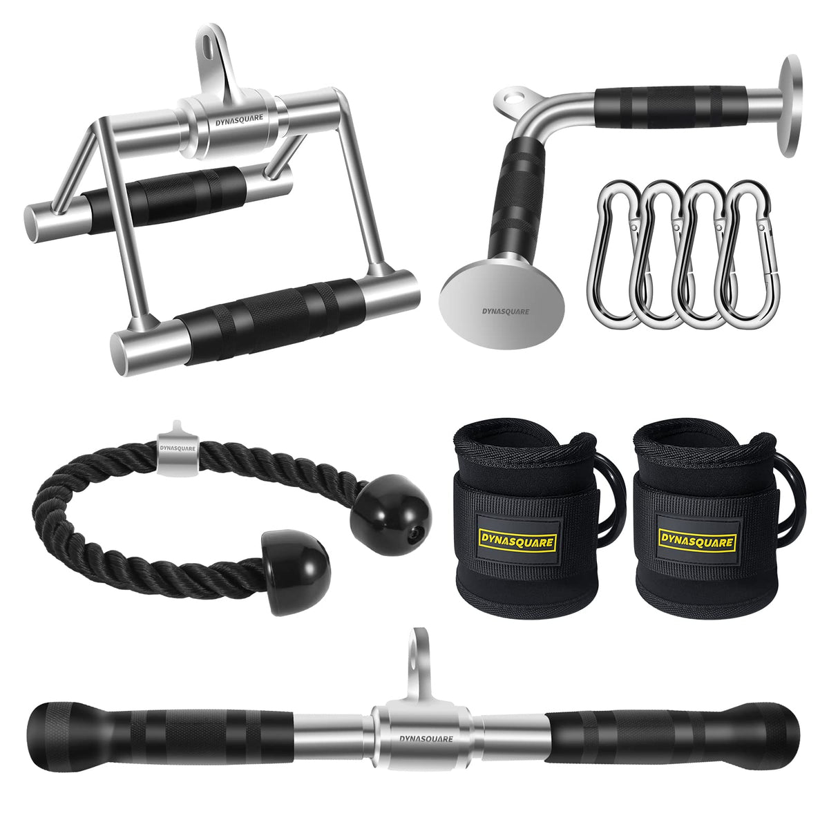 DYNASQUARE front view of full attachment set showing components and storage convenience