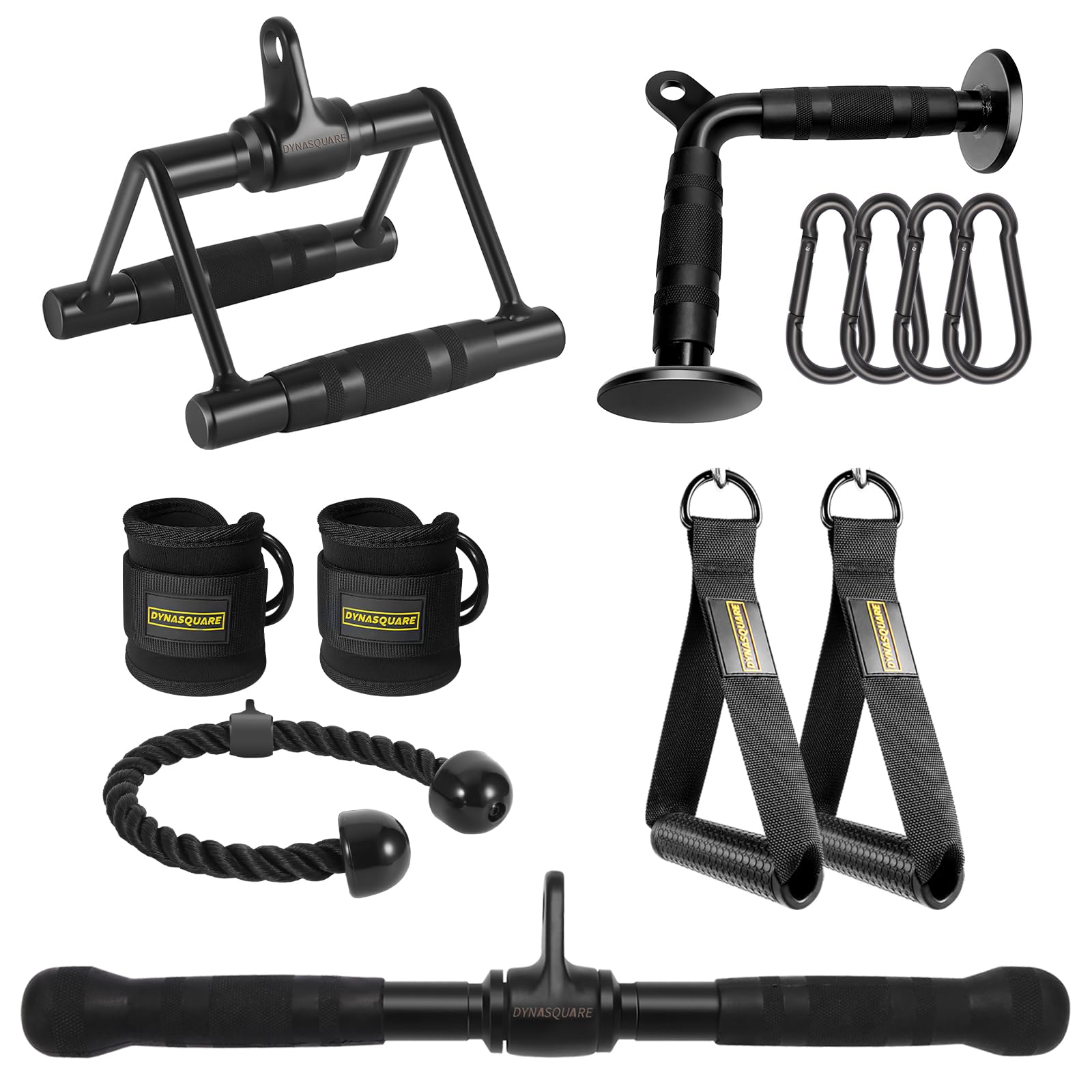 DYNASQUARE front view of full cable attachment set showing complete kit benefits