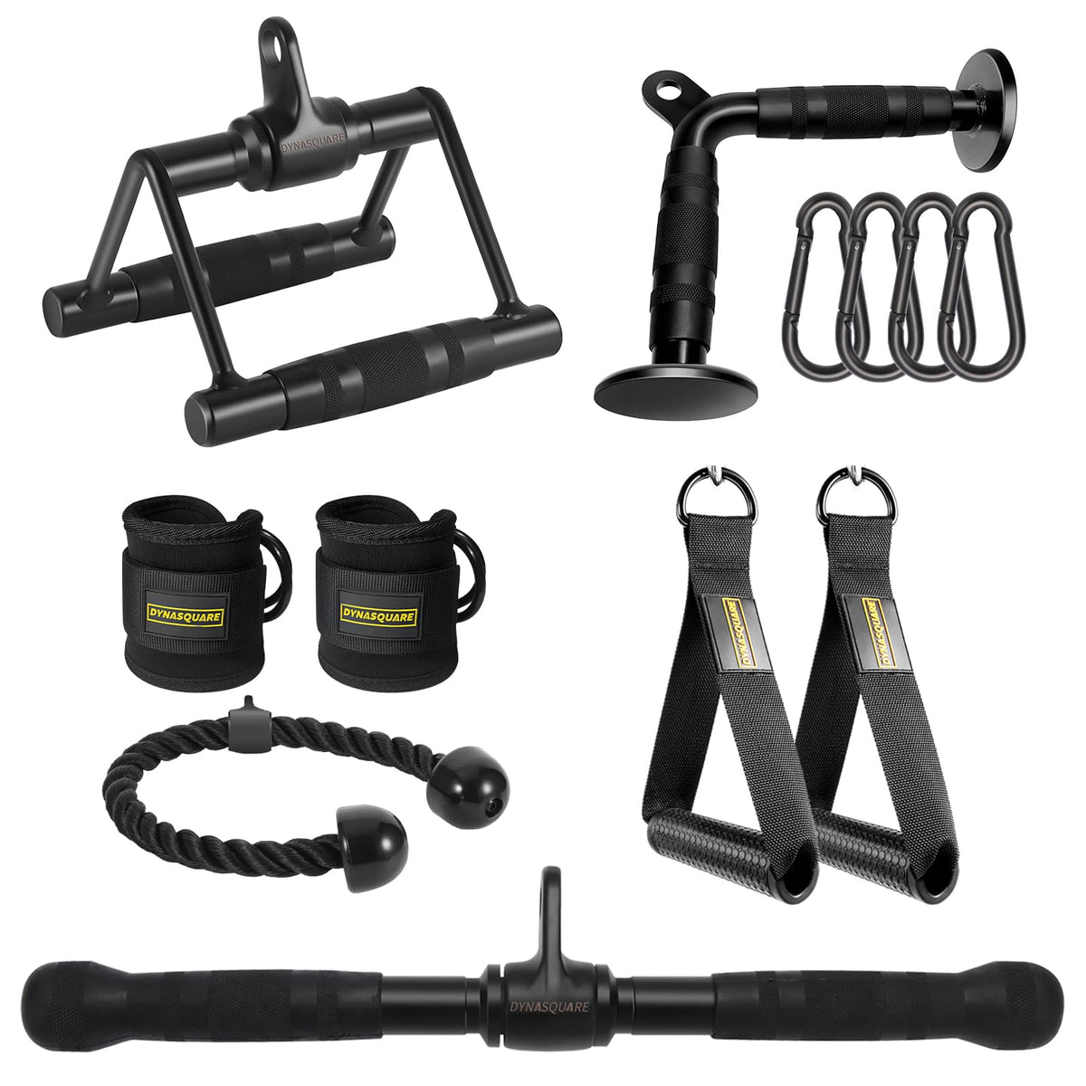 DYNASQUARE front view of full cable attachment set showing complete kit benefits