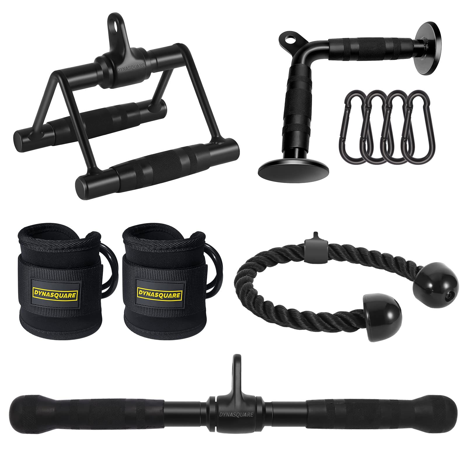 DYNASQUARE rotating lat pulldown bar front view showing durable coating and swivel benefit