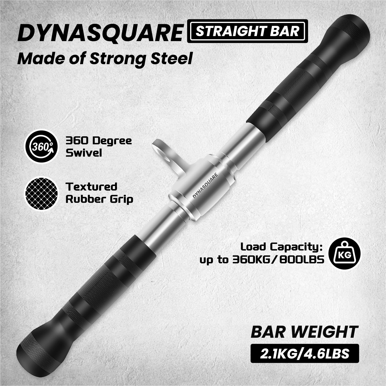 DYNASQUARE rotating straight bar detail showing chrome finish and swivel durability