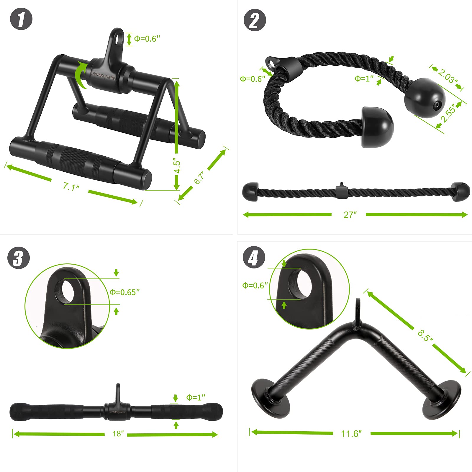 DYNASQUARE attachments next to dumbbell showing compact scale and easy storage