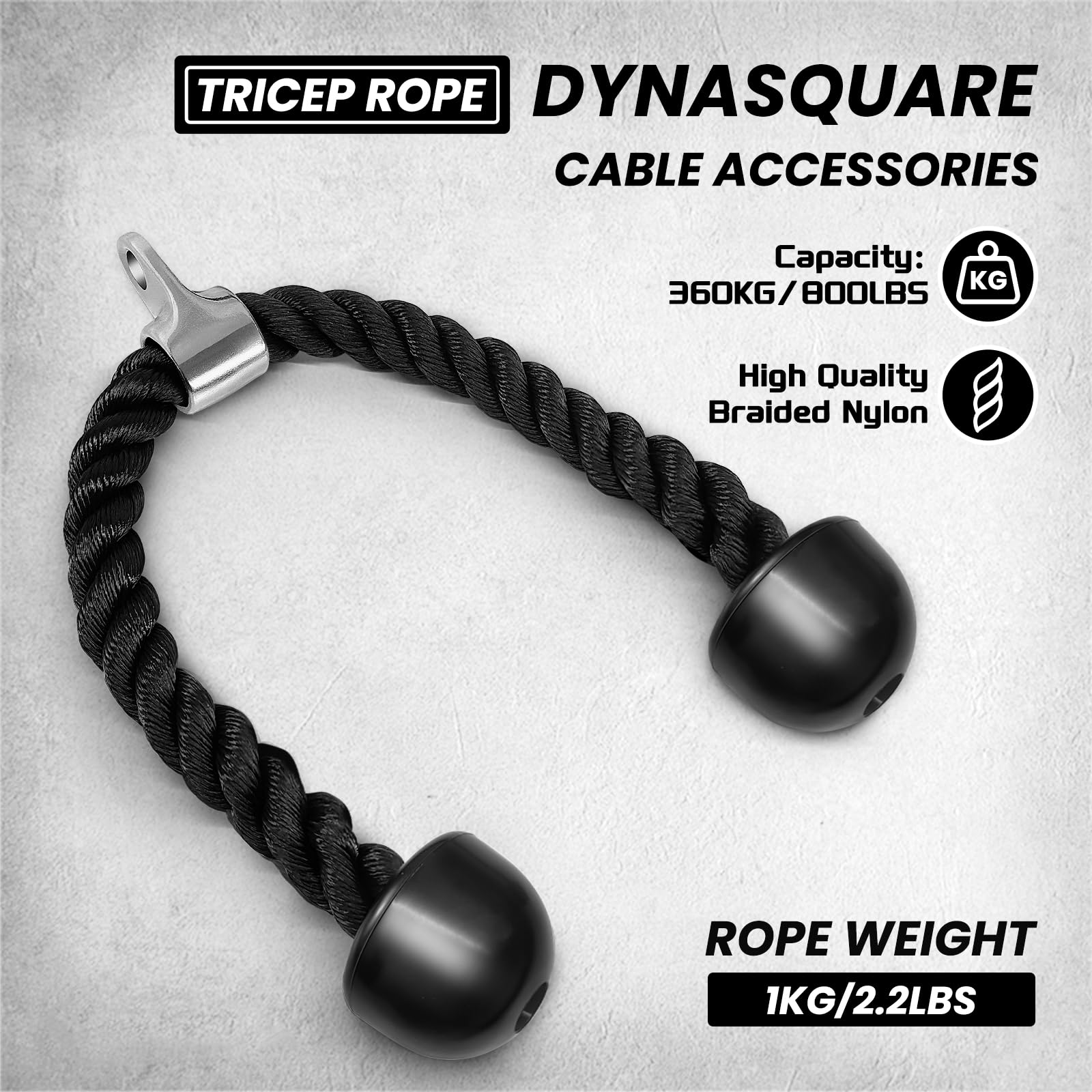 DYNASQUARE tricep rope texture showing braided nylon for durable grip