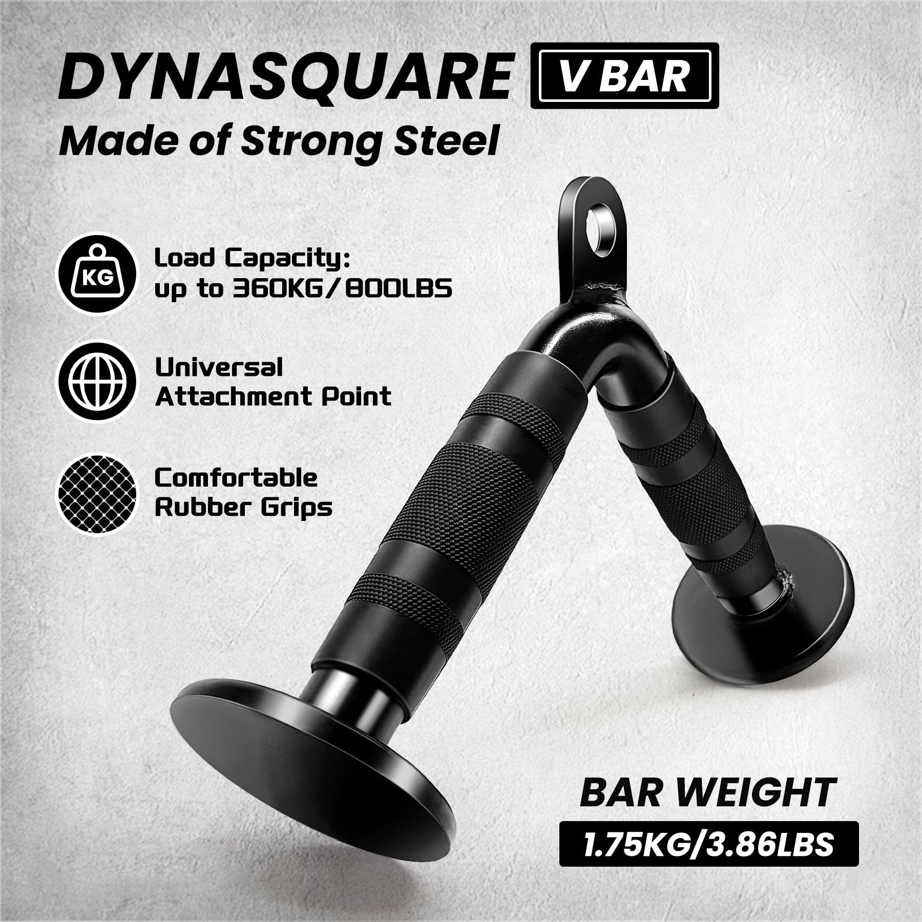 DYNASQUARE V-shaped bar image shows flat knobs and anti-slip handles for control