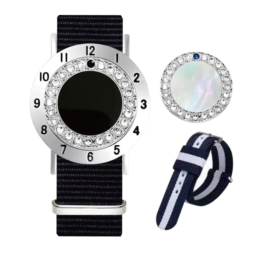 E TRUEE bracelet front view showing magnetic case and markers for easy access