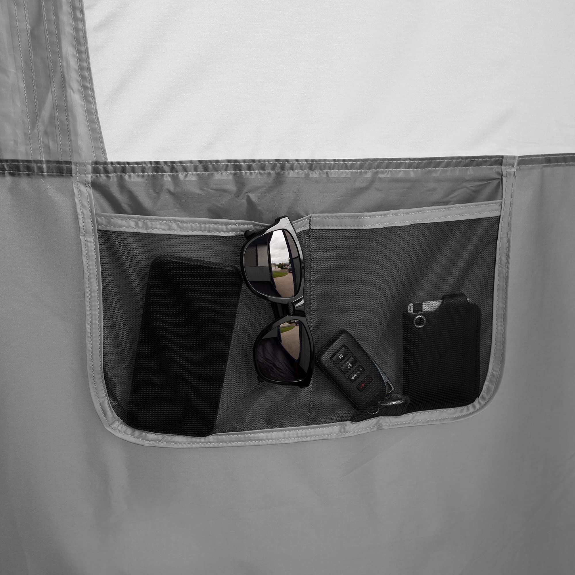 E-Z UP fabric label detail showing UV protection blocking 99% of rays