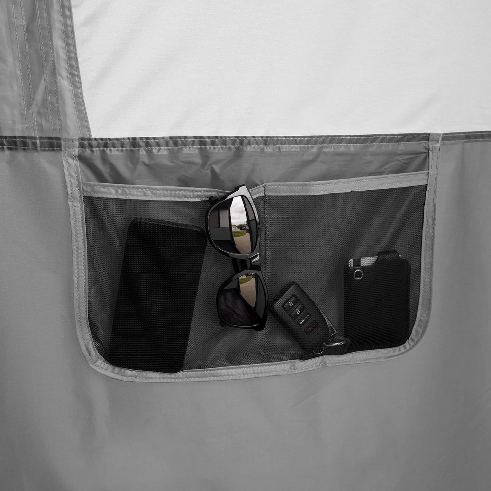 E-Z UP fabric label detail showing UV protection blocking 99% of rays