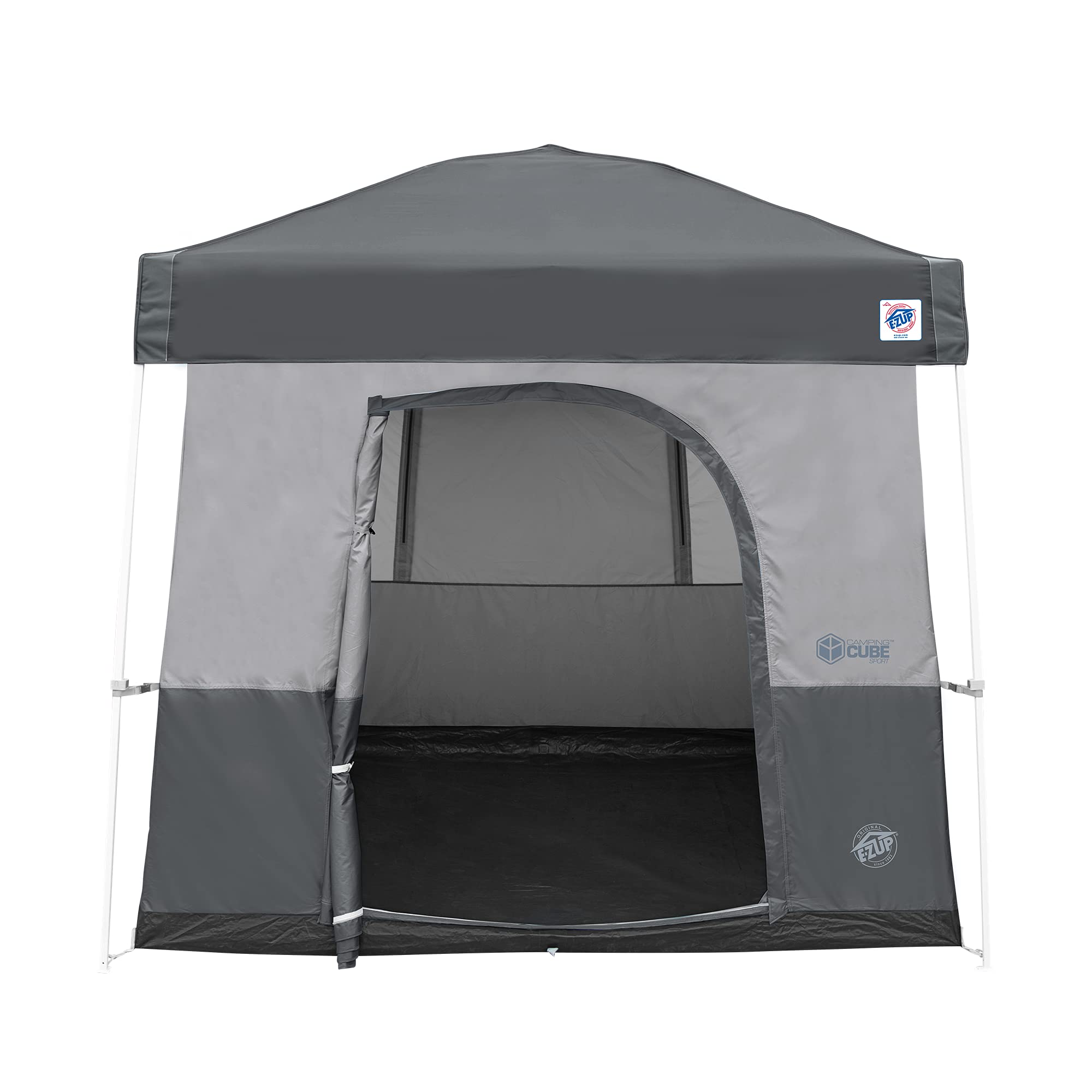 E-Z UP Camping Cube Sport attached to angled-leg canopy showing transform function