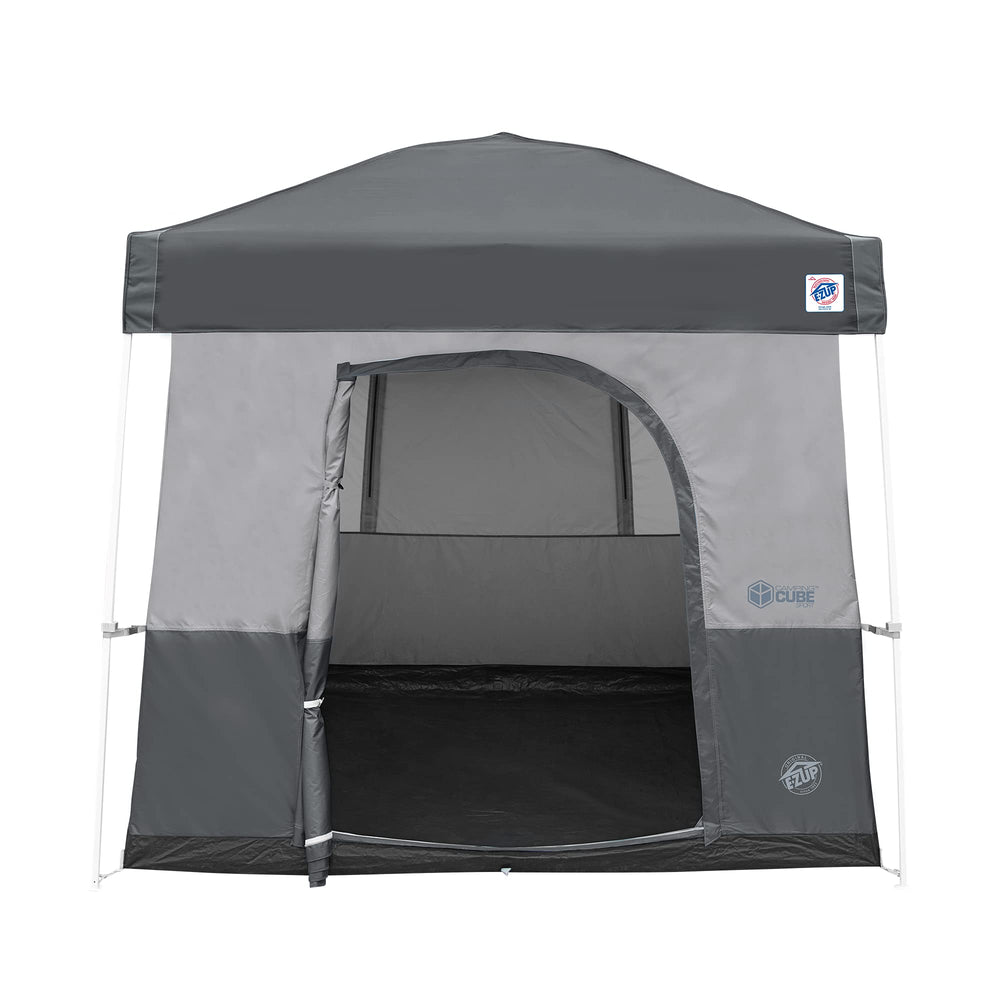 E-Z UP Camping Cube Sport attached to angled-leg canopy showing transform function