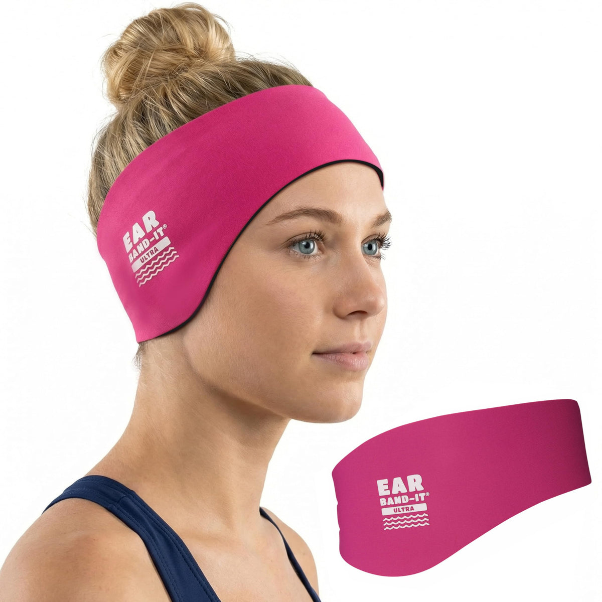 Ear Band-It Ultra front view showing secure fit and coverage benefit