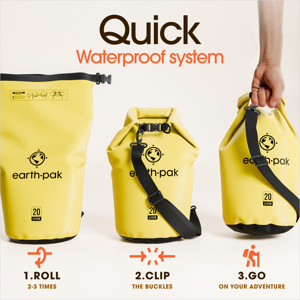 Earth Pak clipped to kayak deck providing accessible dry storage