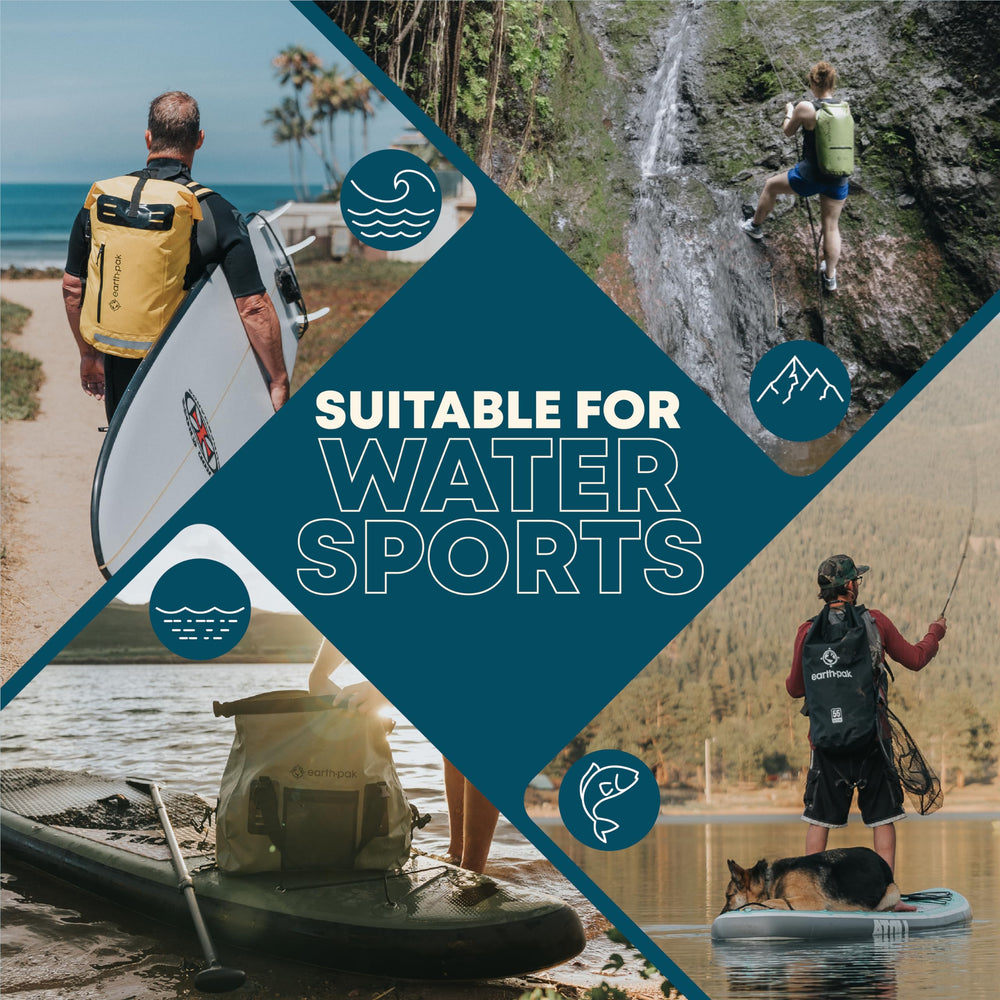 Earth Pak on kayak beside paddle illustrating secure storage during trips