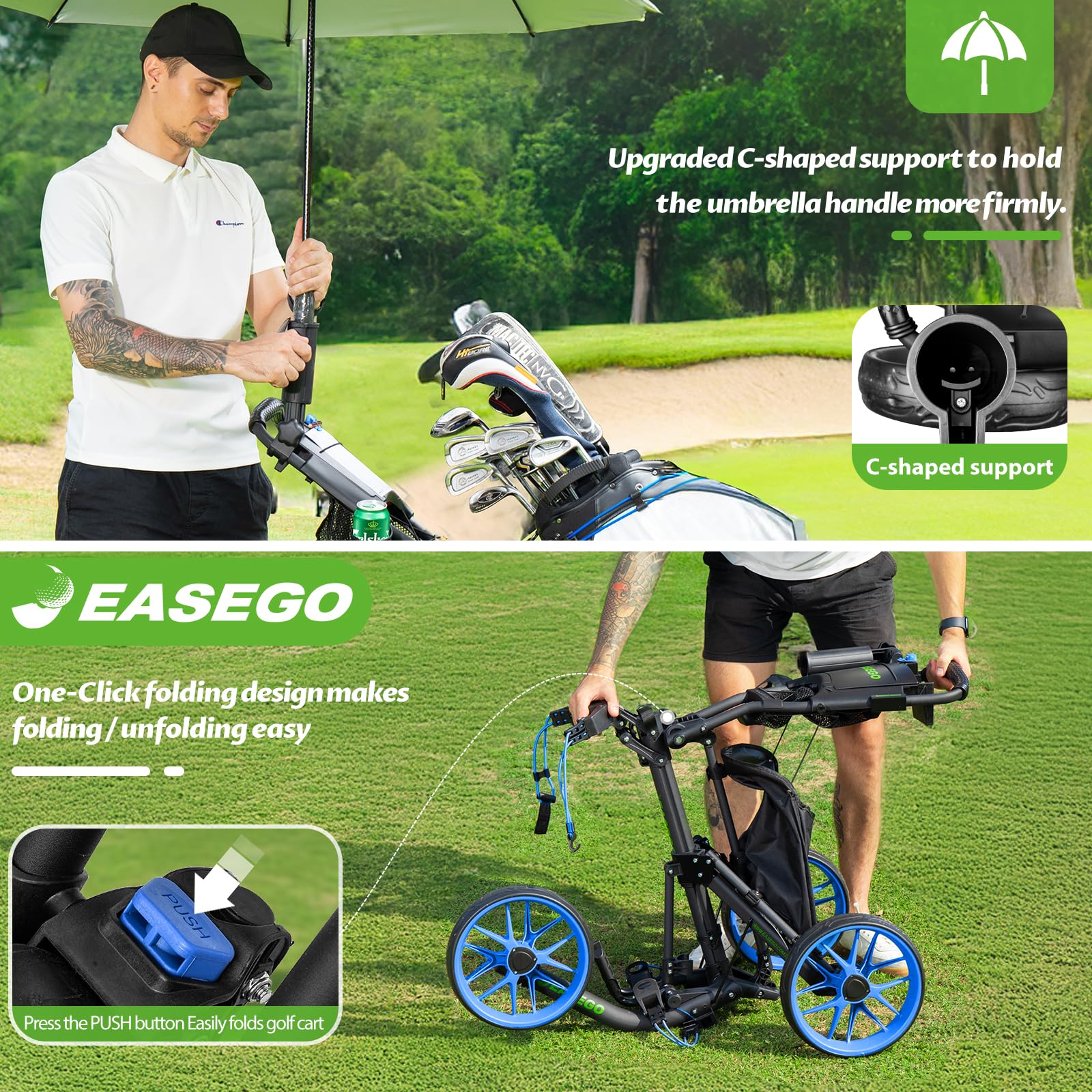 EASEGO folding mechanism close-up enabling quick two-step collapse