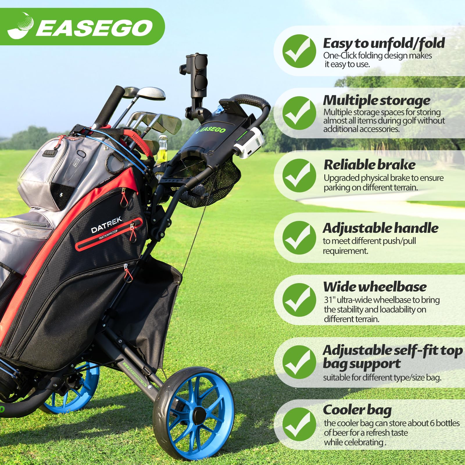 EASEGO wide wheelbase and EVA wheels providing stability on rough terrain
