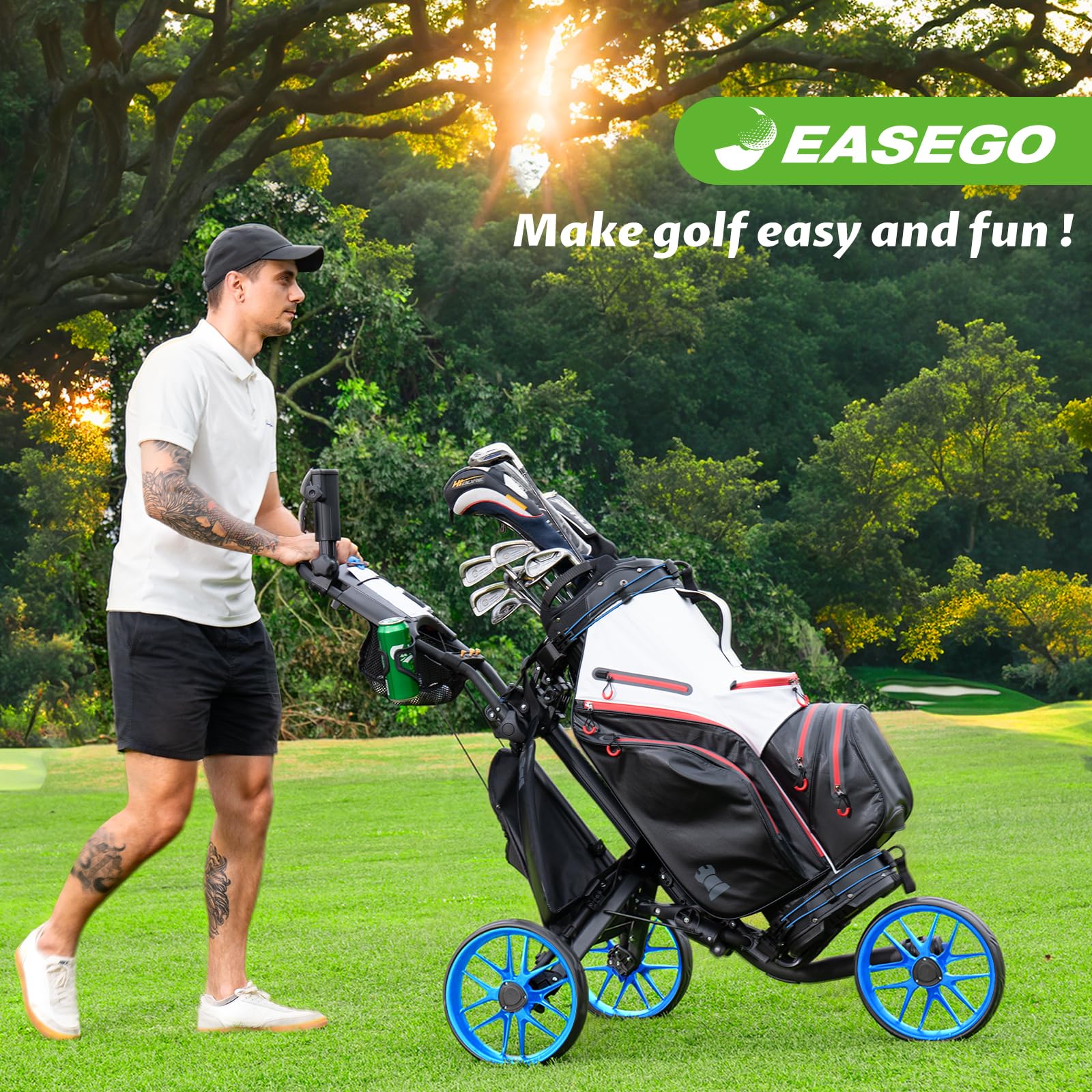 EASEGO adjustable top bag holder securing a full-size golf bag reliably