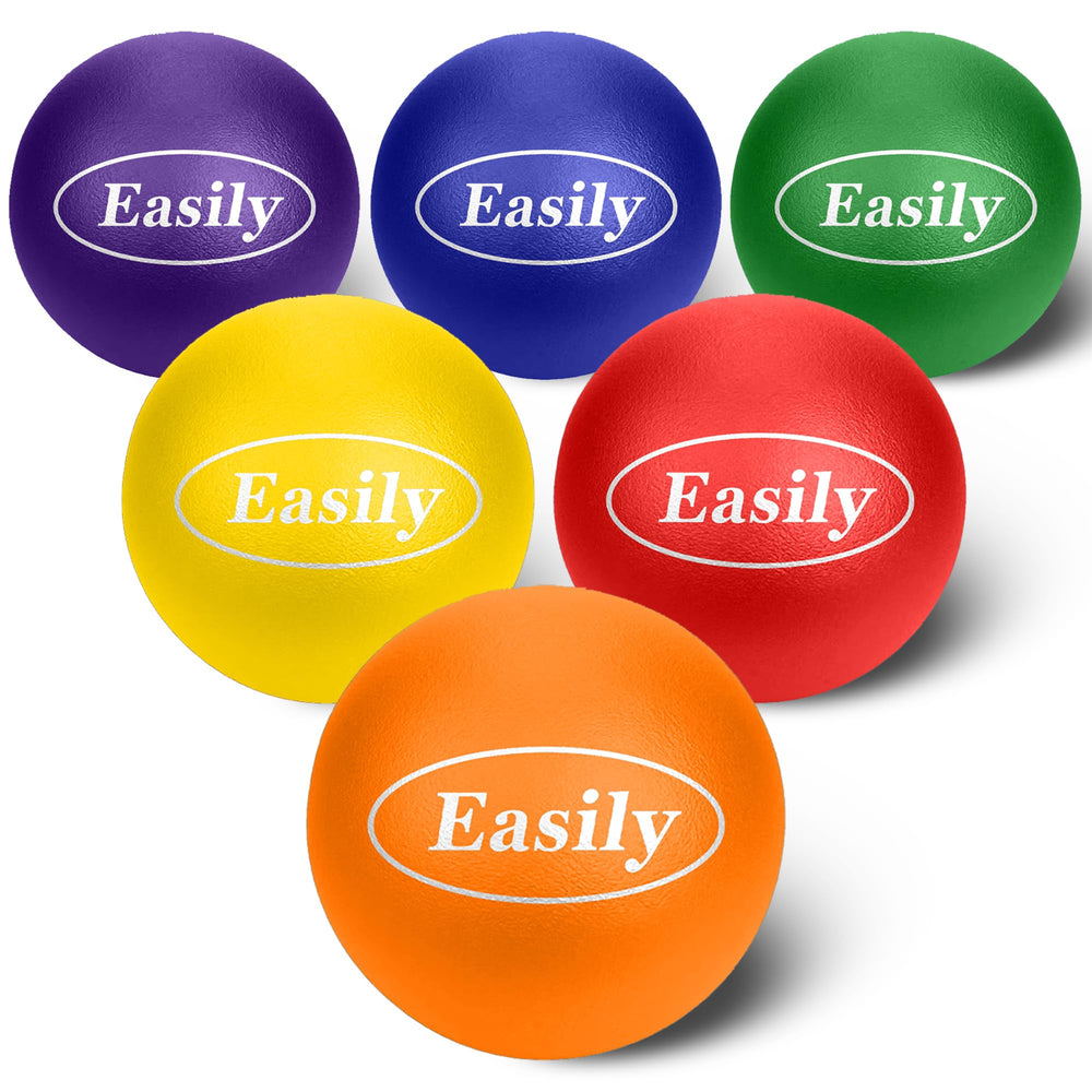 Easily front packaging showing six colorful foam dodgeballs and mesh bag for quick grab