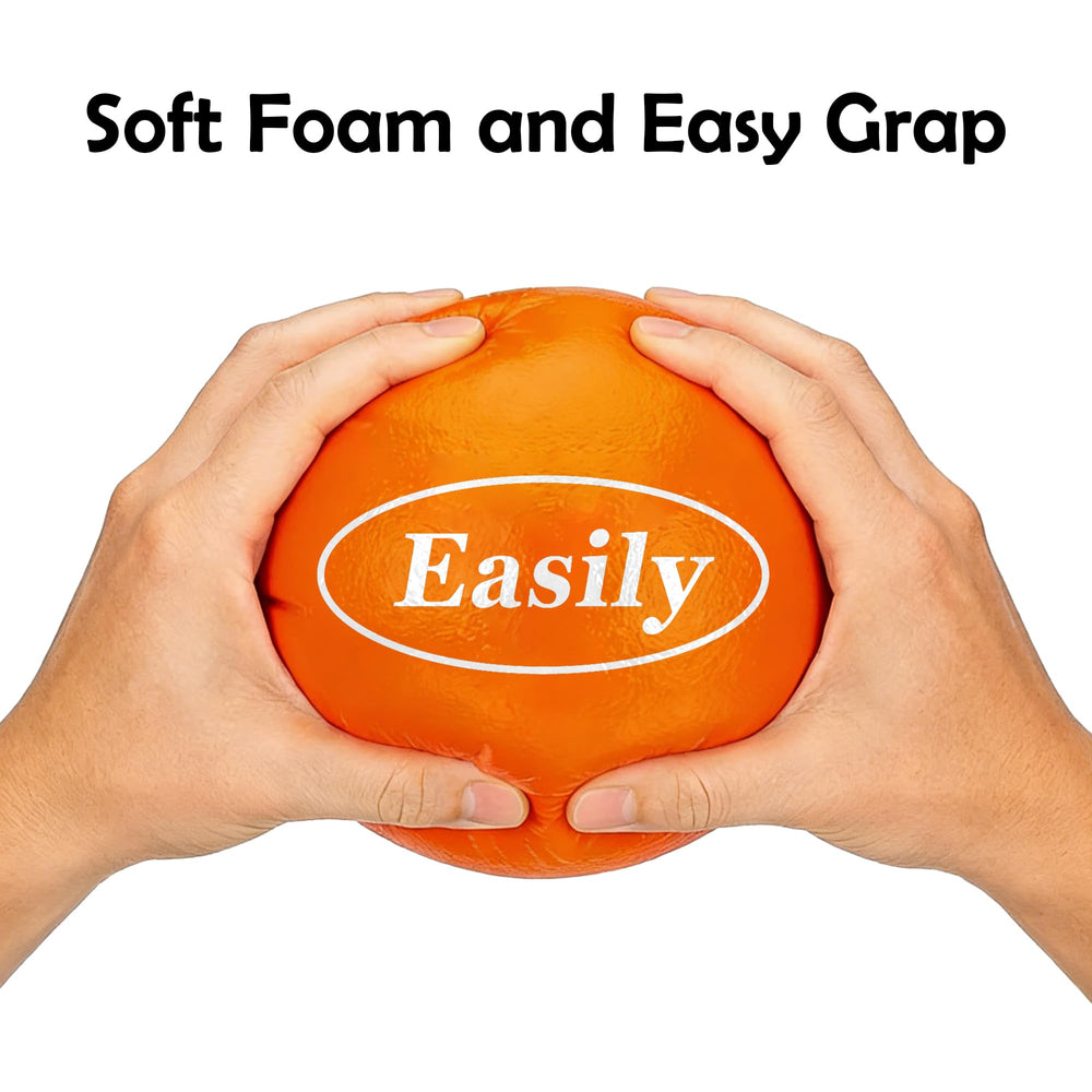 Easily dodgeball held in adult hand demonstrating lightweight size and control