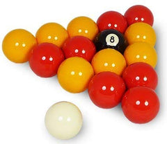 east eagle balls racked on pool table showing clear red and yellow contrast