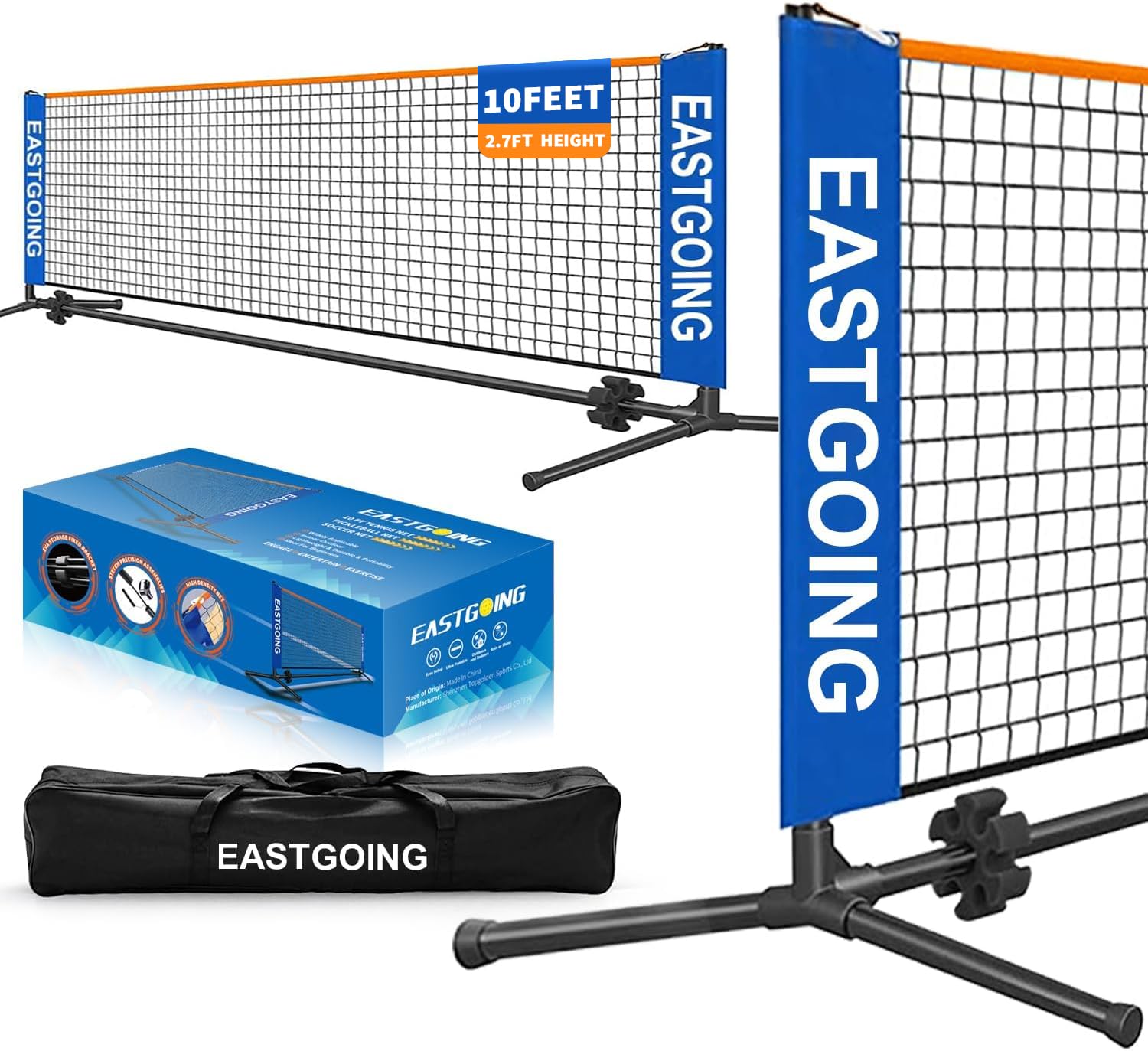 Eastgoing front view of assembled net showing play-ready setup and portability benefit
