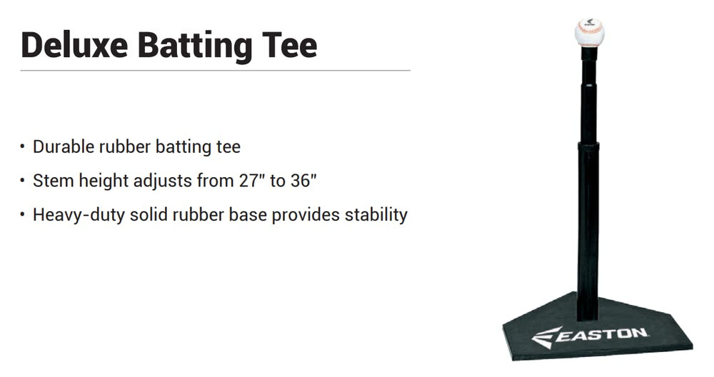 Easton Deluxe batting tee base close-up highlighting heavy-duty stability for repeated swings