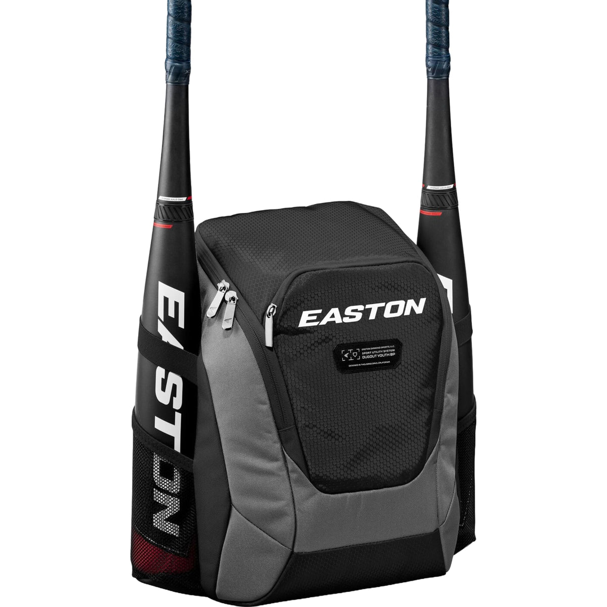 Easton Dugout backpack front view showing organized storage and logo benefit convenience