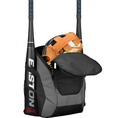 Easton Dugout hanging on dugout fence with hook to keep bag off ground