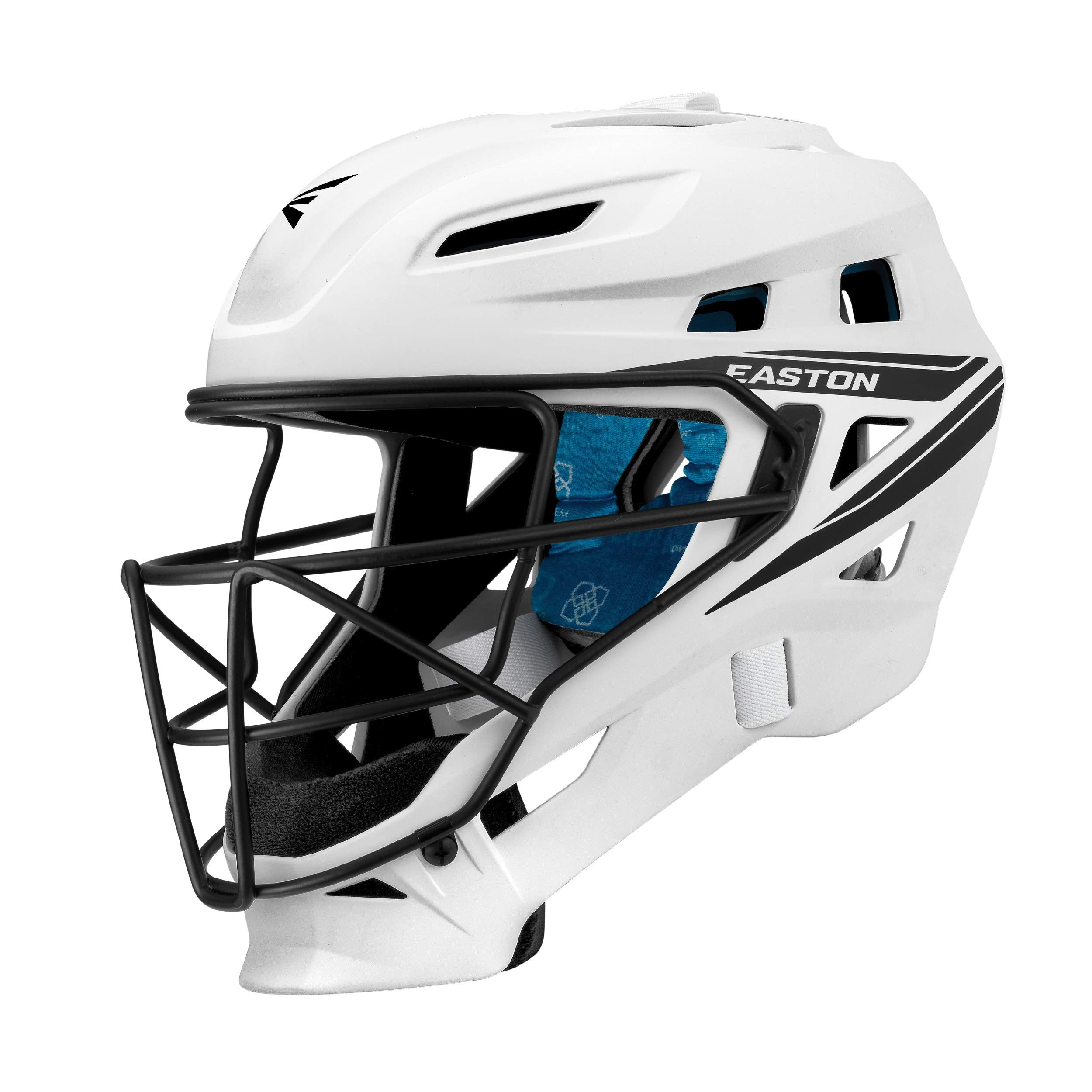 Easton helmet close-up of ABS shell and matte steel cage for clear sightlines