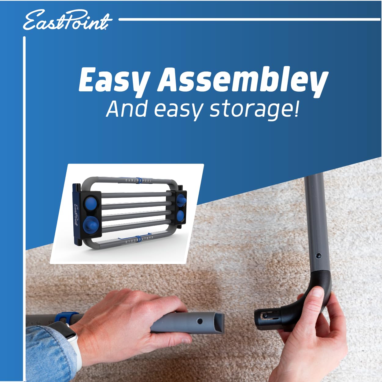 EastPoint beside chair showing 48-inch size scale and suitability for small spaces