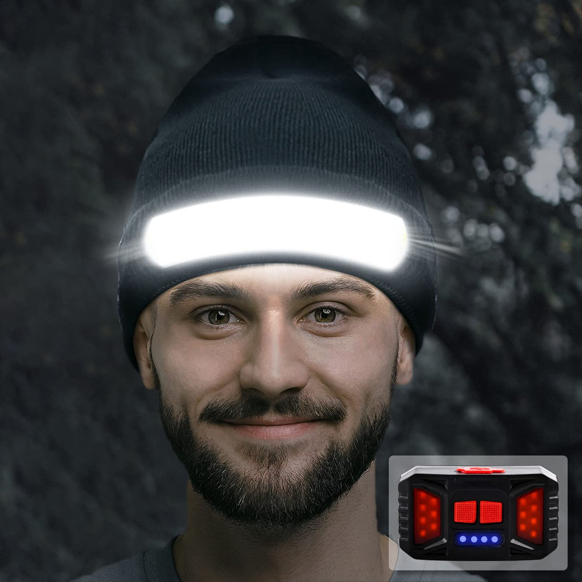 Easymaxx front view of beanie with LED showing bright 230° beam benefit