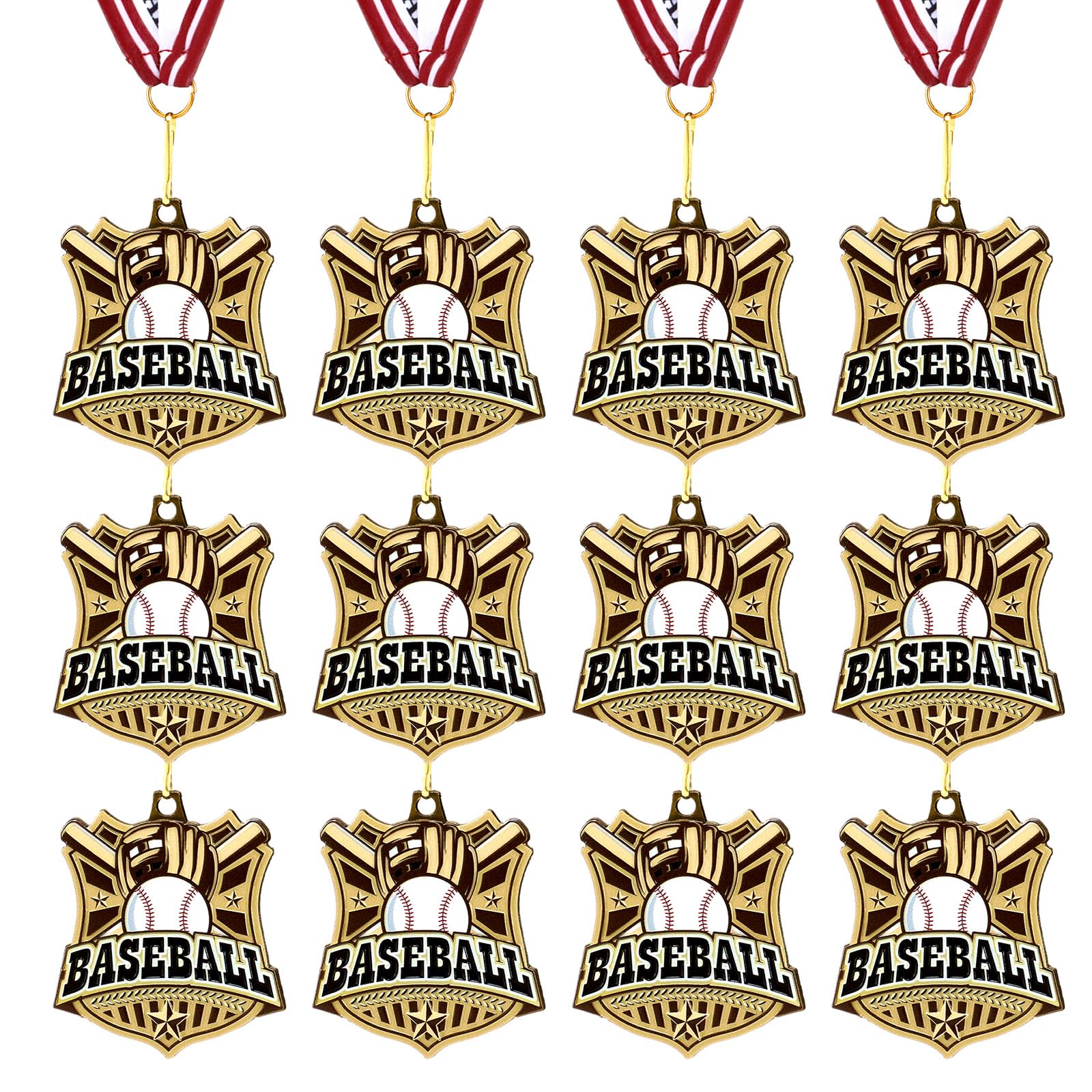 Ecation front view of gold baseball medal showing design and proud presentation
