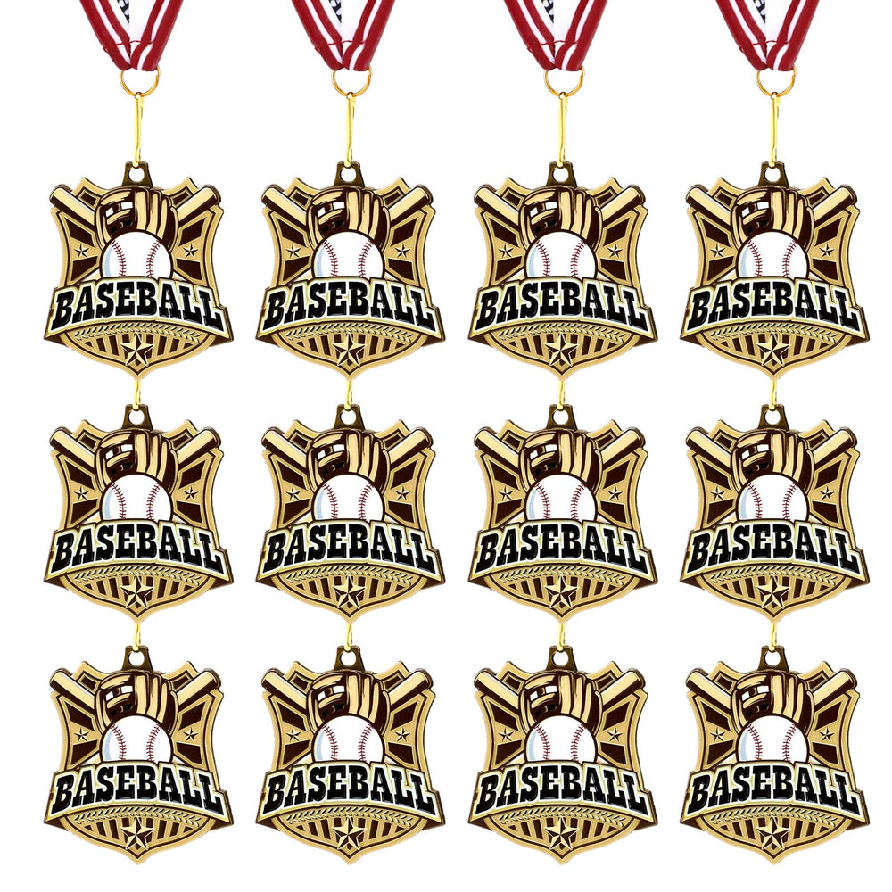 Ecation front view of gold baseball medal showing design and proud presentation