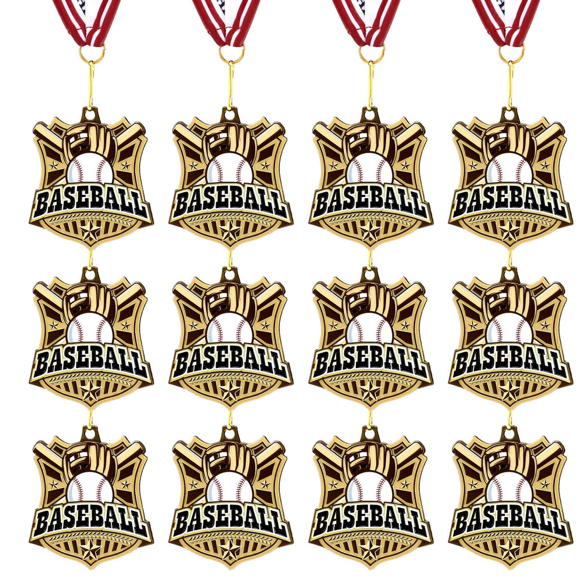 Ecation front view of gold baseball medal showing design and proud presentation