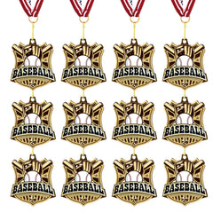 Ecation front view of gold baseball medal showing design and proud presentation