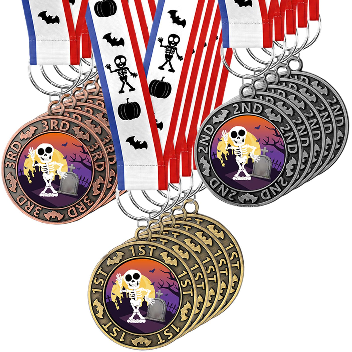 Ecation front packaging showing 30 pumpkin medals and ribbons, great for parties