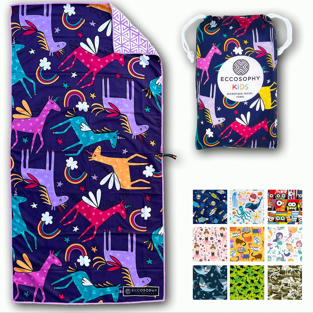 ECCOSOPHY towel front packaging showing playful print and travel-ready benefit