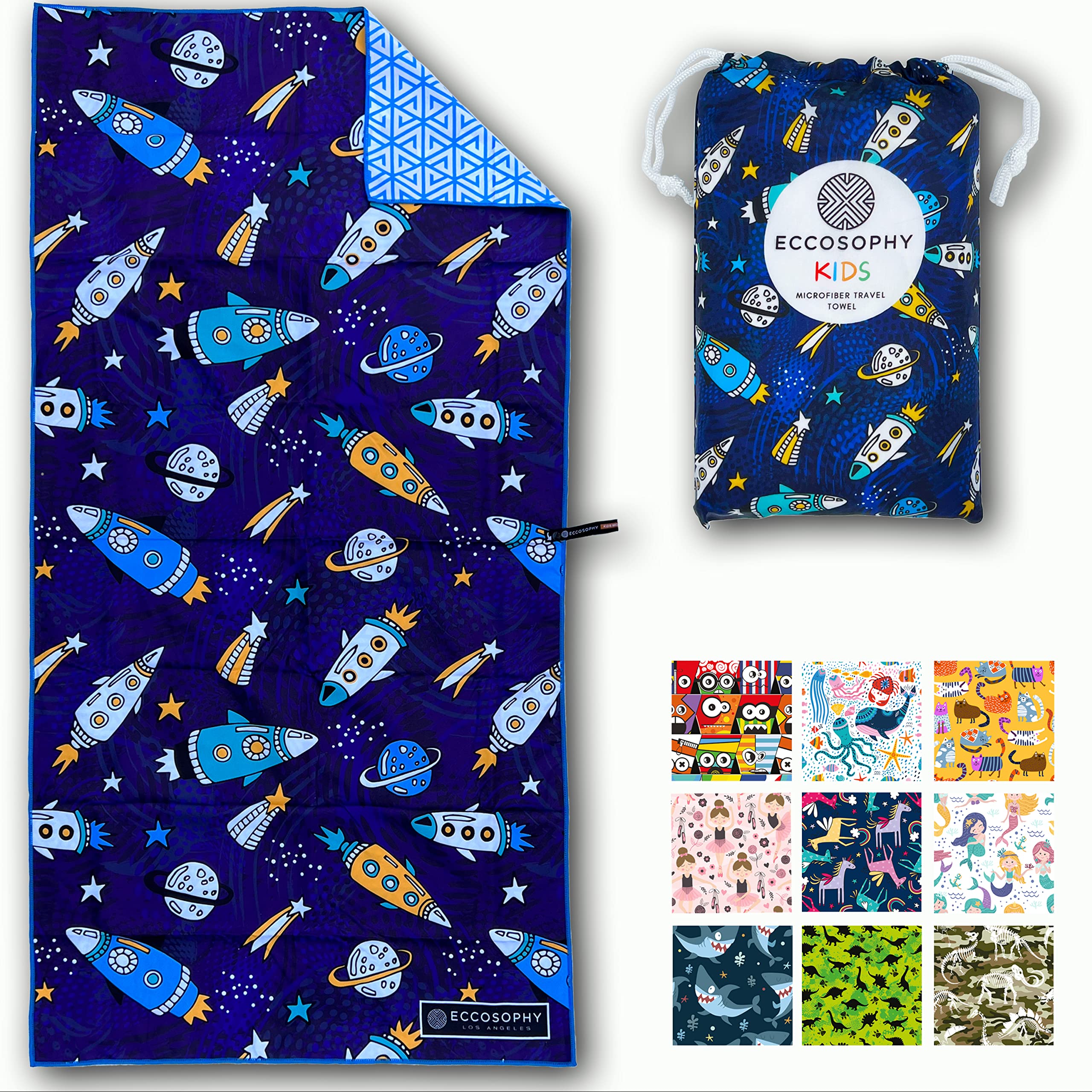 ECCOSOPHY front view of toddler beach towel showing double-sided design and travel pouch, easy packing