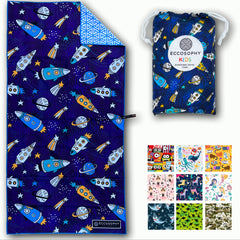 ECCOSOPHY front view of toddler beach towel showing double-sided design and travel pouch, easy packing