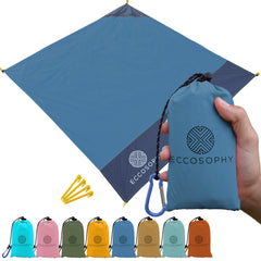 ECCOSOPHY folded blanket front view showing compact pouch and carabiner for easy transport