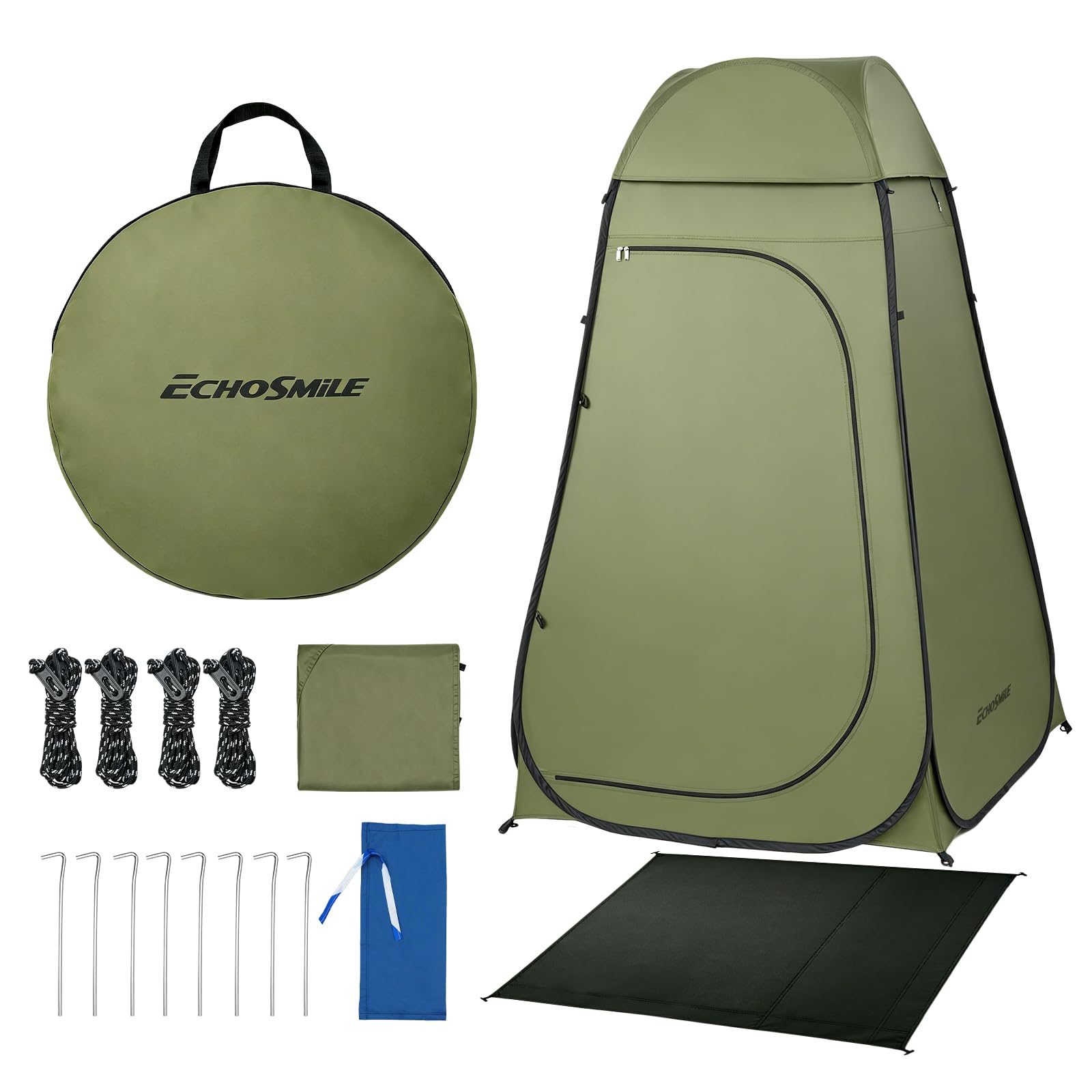 EchoSmile front view of pop up shower tent showing full privacy entrance and quick setup benefit