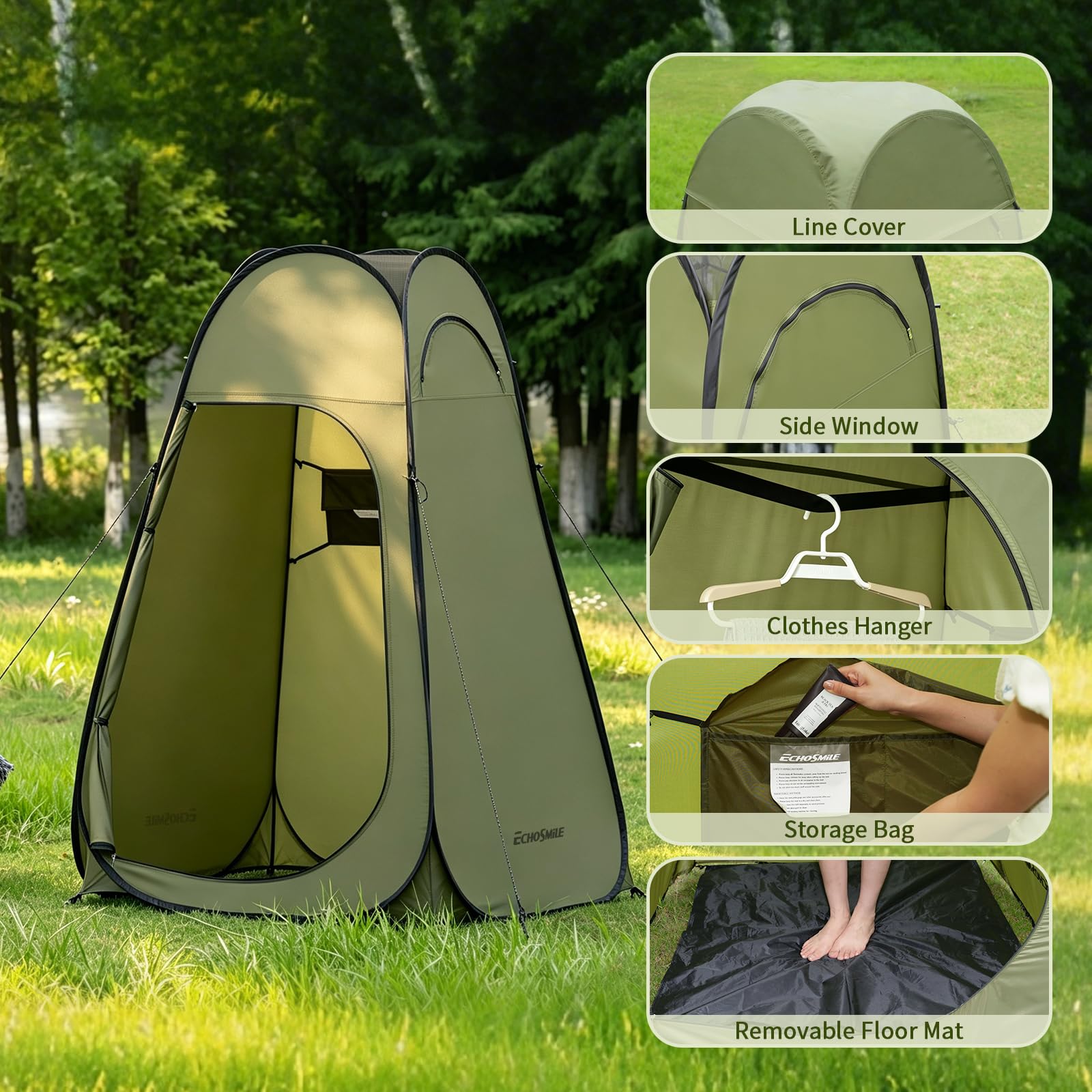 EchoSmile with mounted camping shower showing hanging strap supporting a shower head