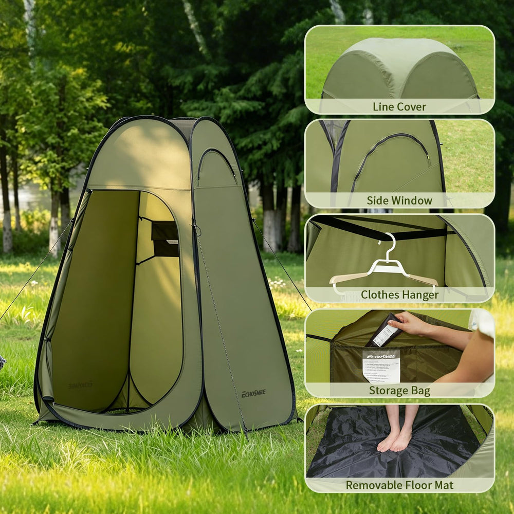 EchoSmile with mounted camping shower showing hanging strap supporting a shower head